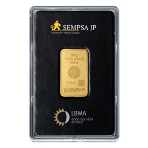 Comprar lingotes de oro. Detalle del lingote Sempsa 20g. Diseño exclusivo y sello de garantía LBMA.